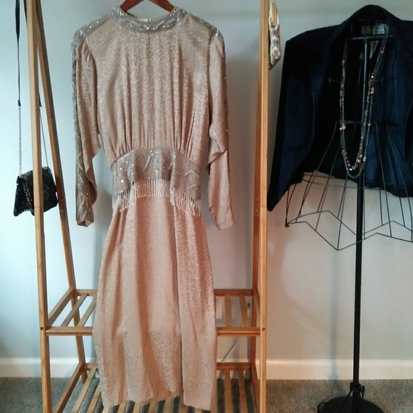 Vintage Dresses & Skirts - Silk Beaded Leopard Cocktail Wedding Party Dress M